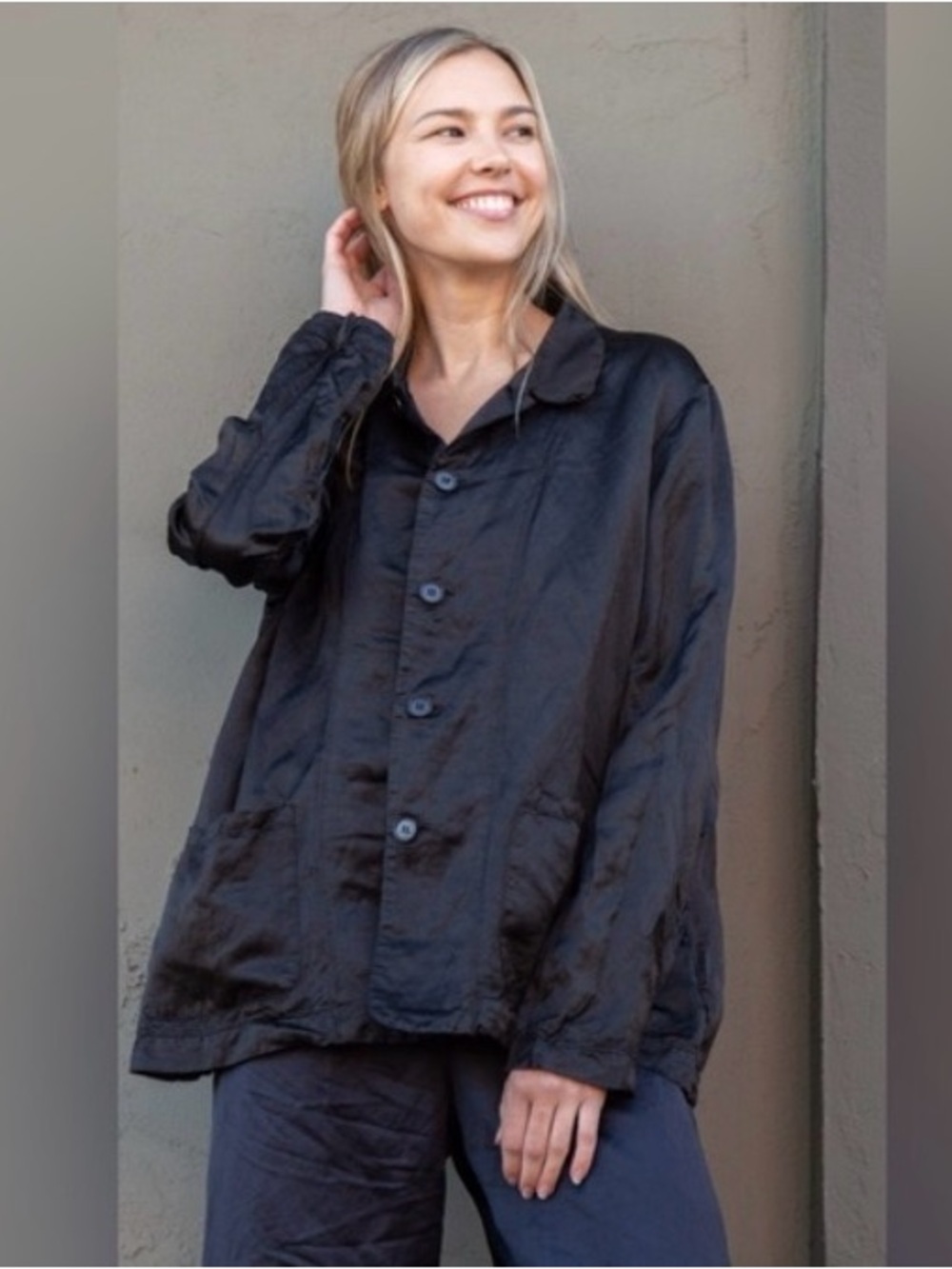 CP Shades navy satin vera button up jacket large